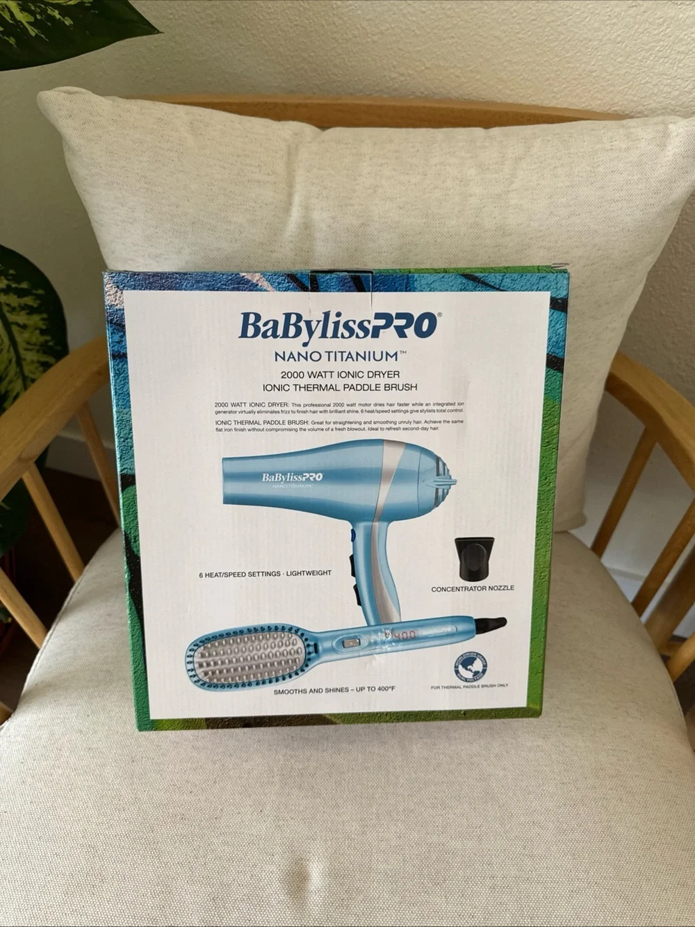 New BaBylissPRO Nano Titanium 2000W Ionic Dryer Thermal Paddle Brush Light Blue